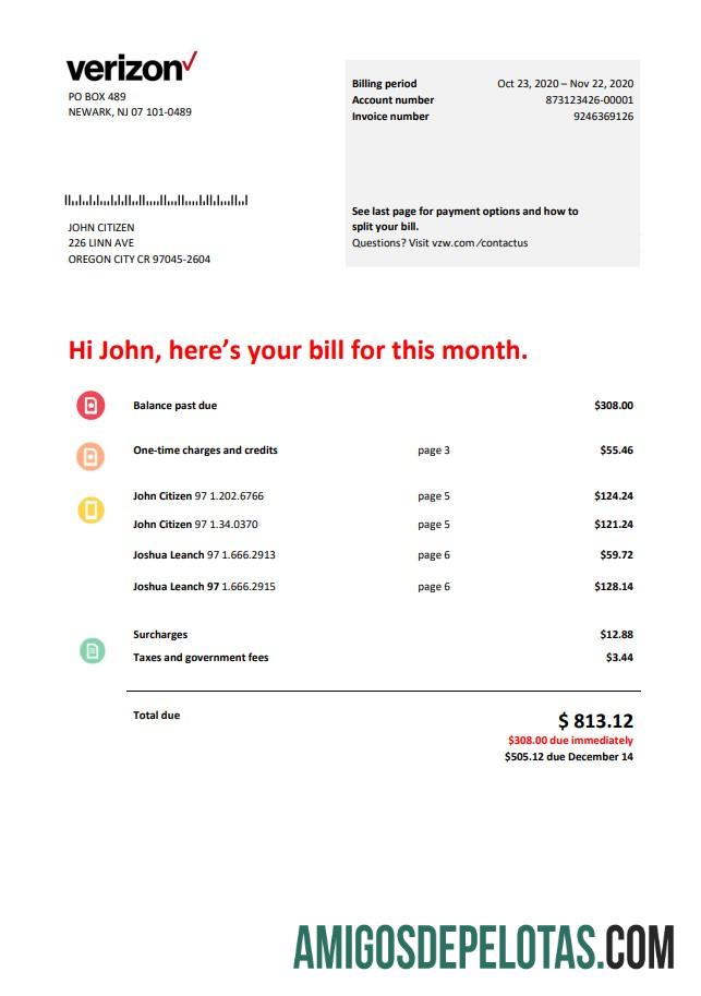 imprimível Modelo de conta de serviços públicos de telecomunicações da Verizon dos EUA em formato Word e PDF